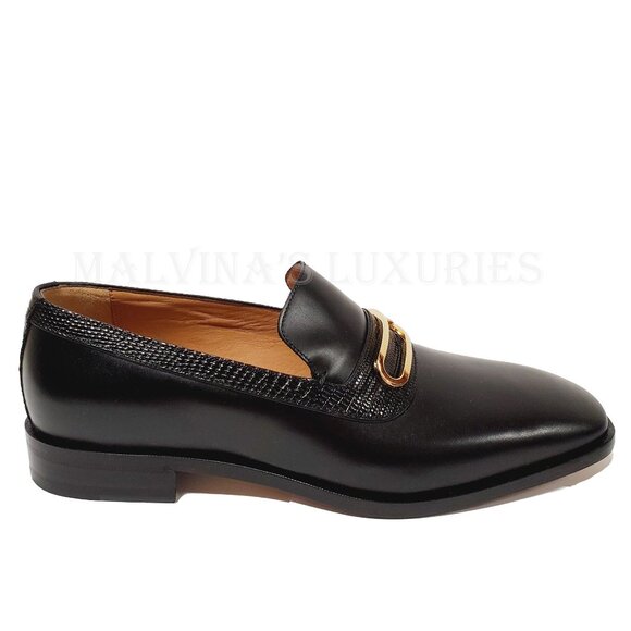 GUCCI SHOES MENS GEOMETRIC G LOGO BLACK LEATHER LOAFERS w LIZARD sz 10 10.5 - Picture 6 of 15